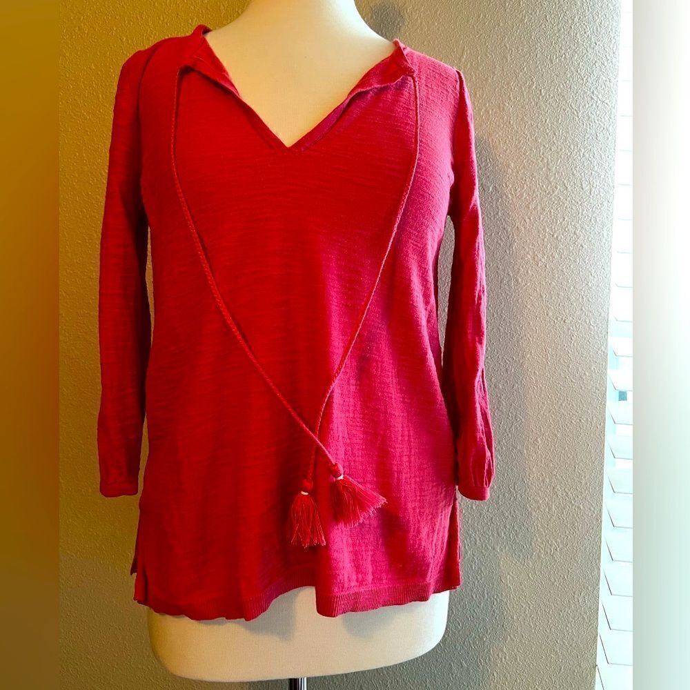 Loft XS 100% cotton tie neck blouse with tassels
